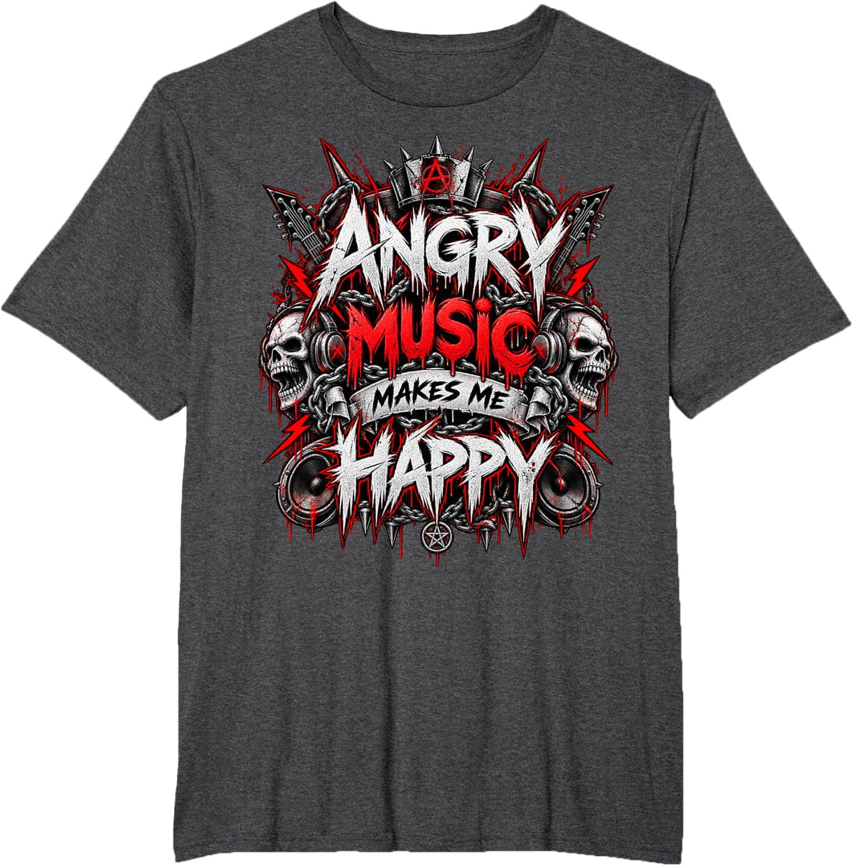Heavy Metal Rock Skull Angry Music Makes Me Happy T-Shirt - Dark Heather Grey