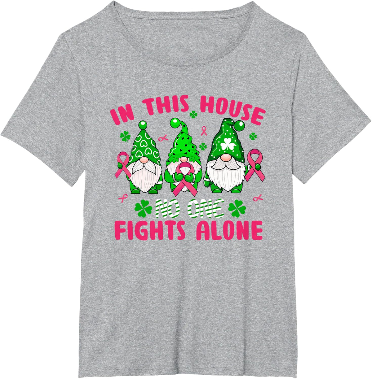Gnome Lucky Clover Breast Cancer Awareness St Patrick's Day T-Shirt - Heather Grey