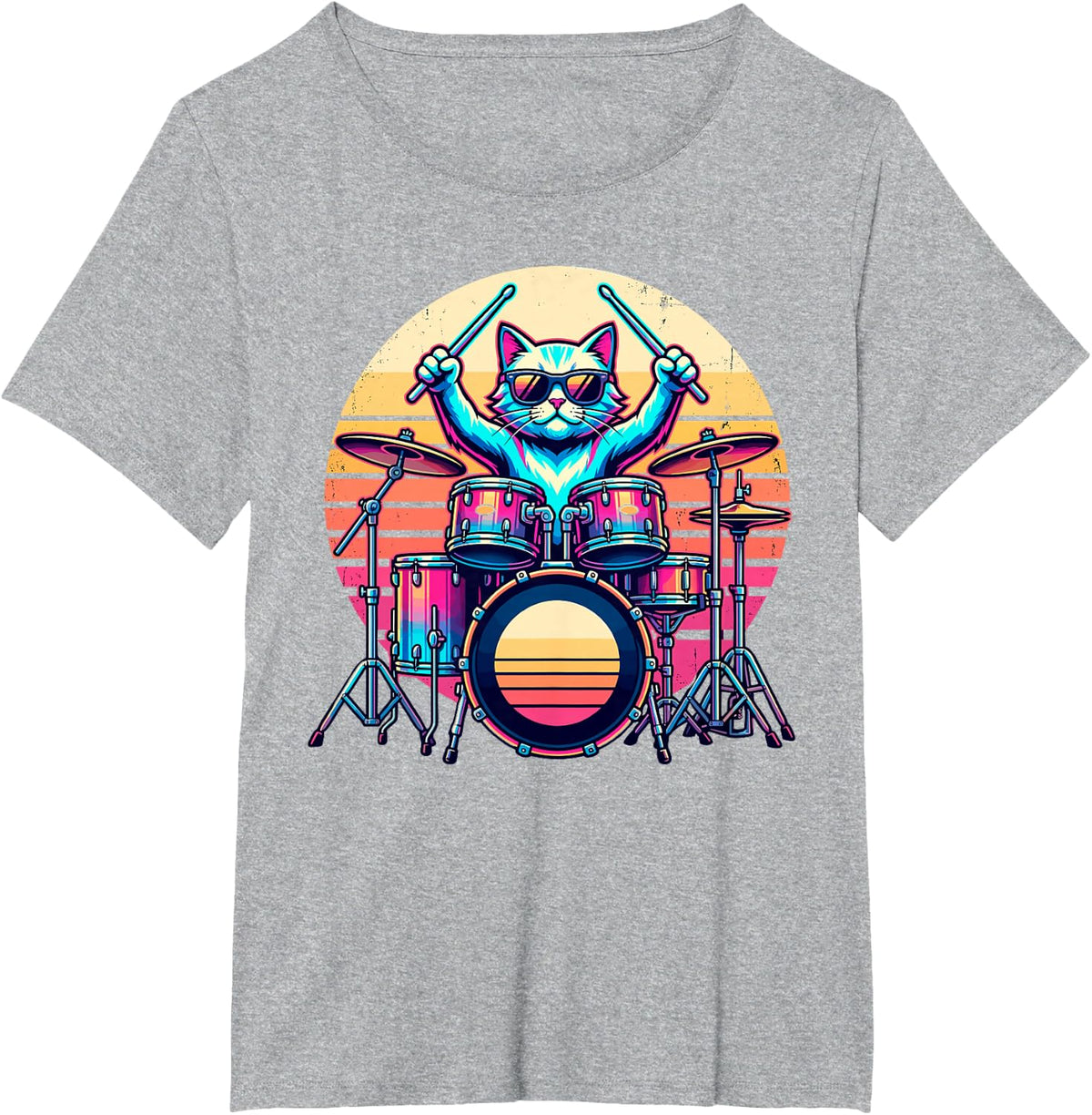 Vintage Cat Play Drums Drummer Musician Rock Music Band Tee T-Shirt - Heather Grey