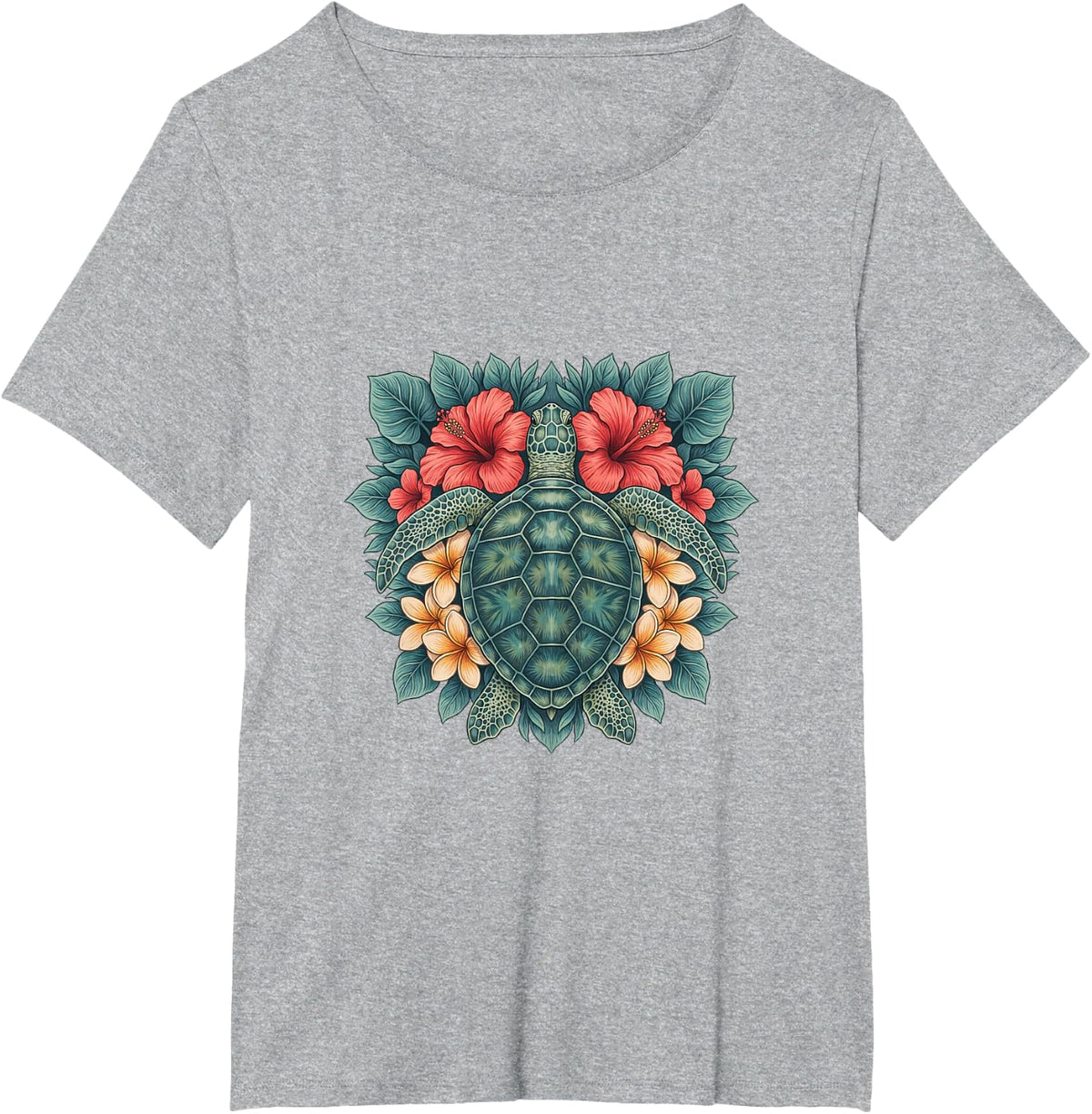 Sea Turtle with Coral Hibiscus and Cream Flowers T-Shirt - Heather Grey