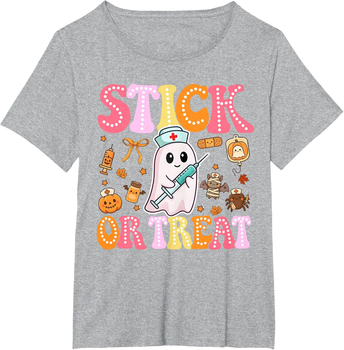 Funny Stick Or Treat Cute Nurse Ghost Halloween Crew Women T-Shirt - Heather Grey