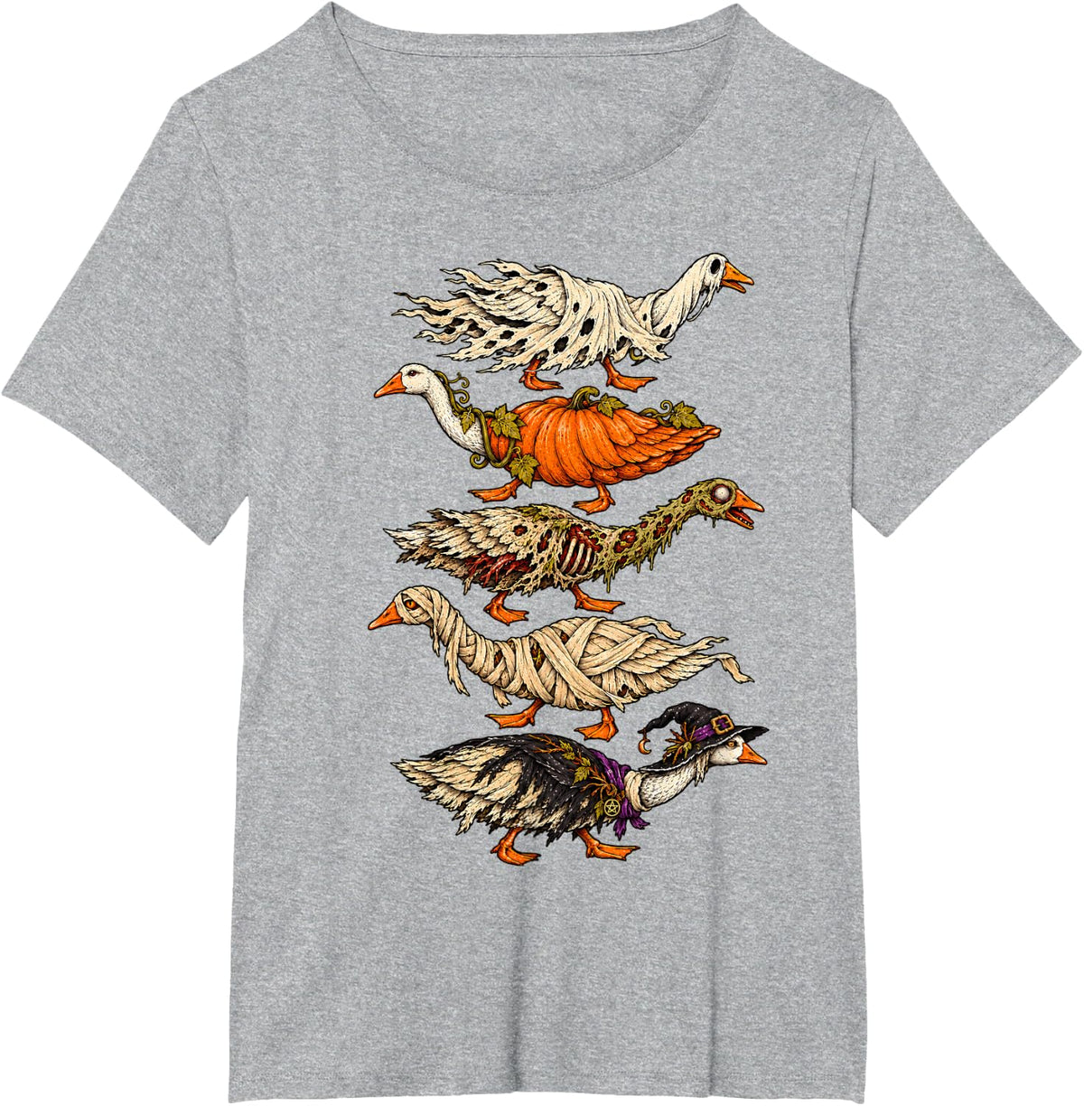 Halloween Goose Ghost Pumpkin Zombie Mummy Witch T-Shirt - Heather Grey