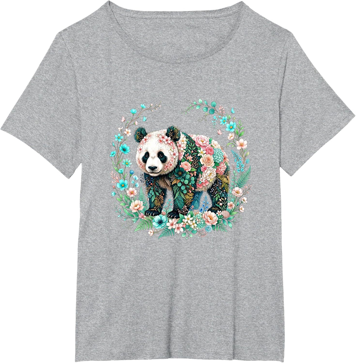 Floral Panda Bear Botanical Wreath Art T-Shirt - Heather Grey