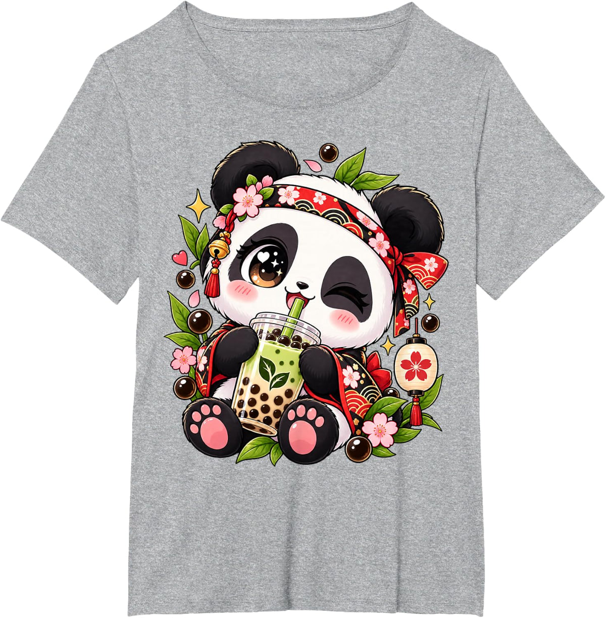 Cutest Panda Drinking Bubble Tea Sakura Floral Kawaii Art T-Shirt - Heather Grey