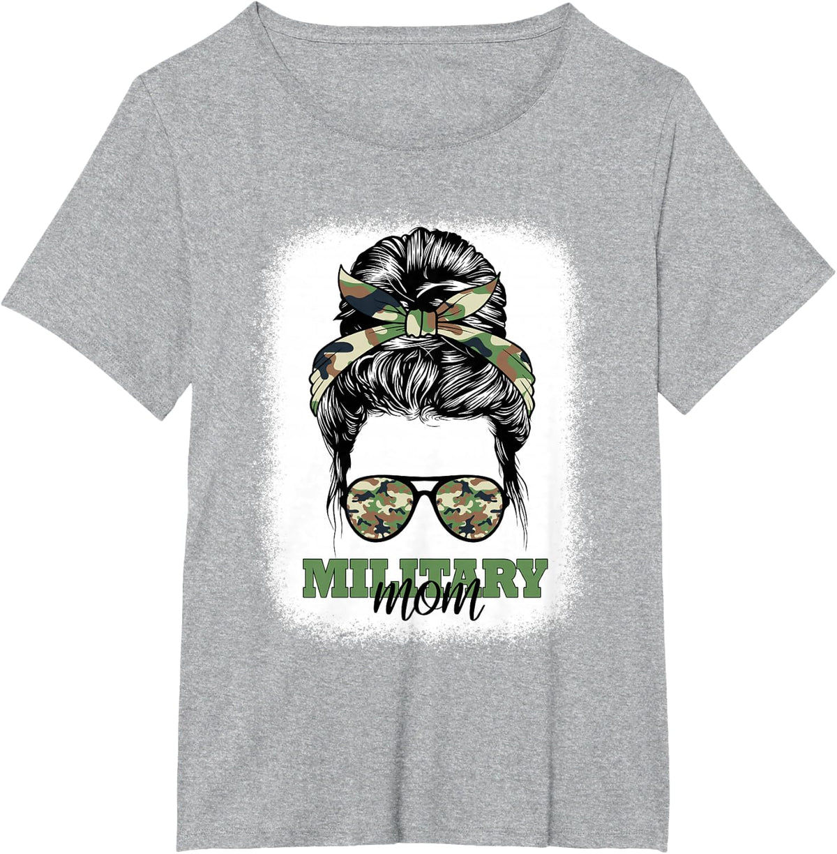 Military Mom Bleached Messy Bun Camo Patriotic Mother's Day T-Shirt - Heather Grey