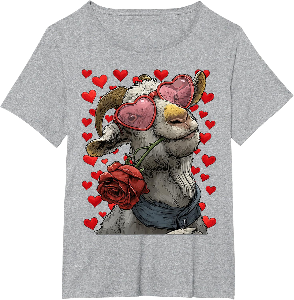 Cute Goat with Heart Glasses Rose Valentine's Day Animal T-Shirt - Heather Grey
