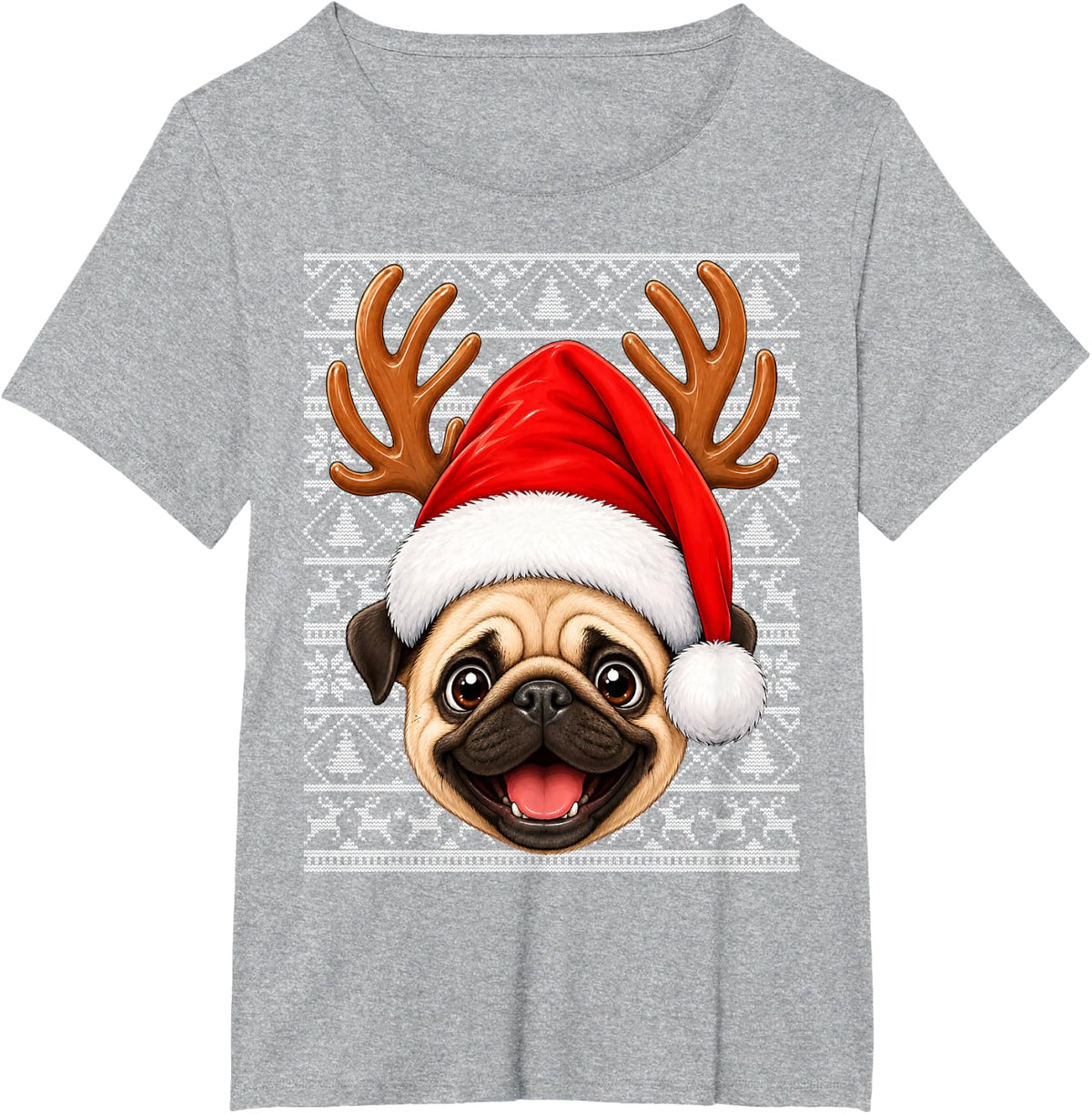 Pug Christmas Santa Hat Ugly Sweater Dog Xmas T-Shirt - Heather Grey