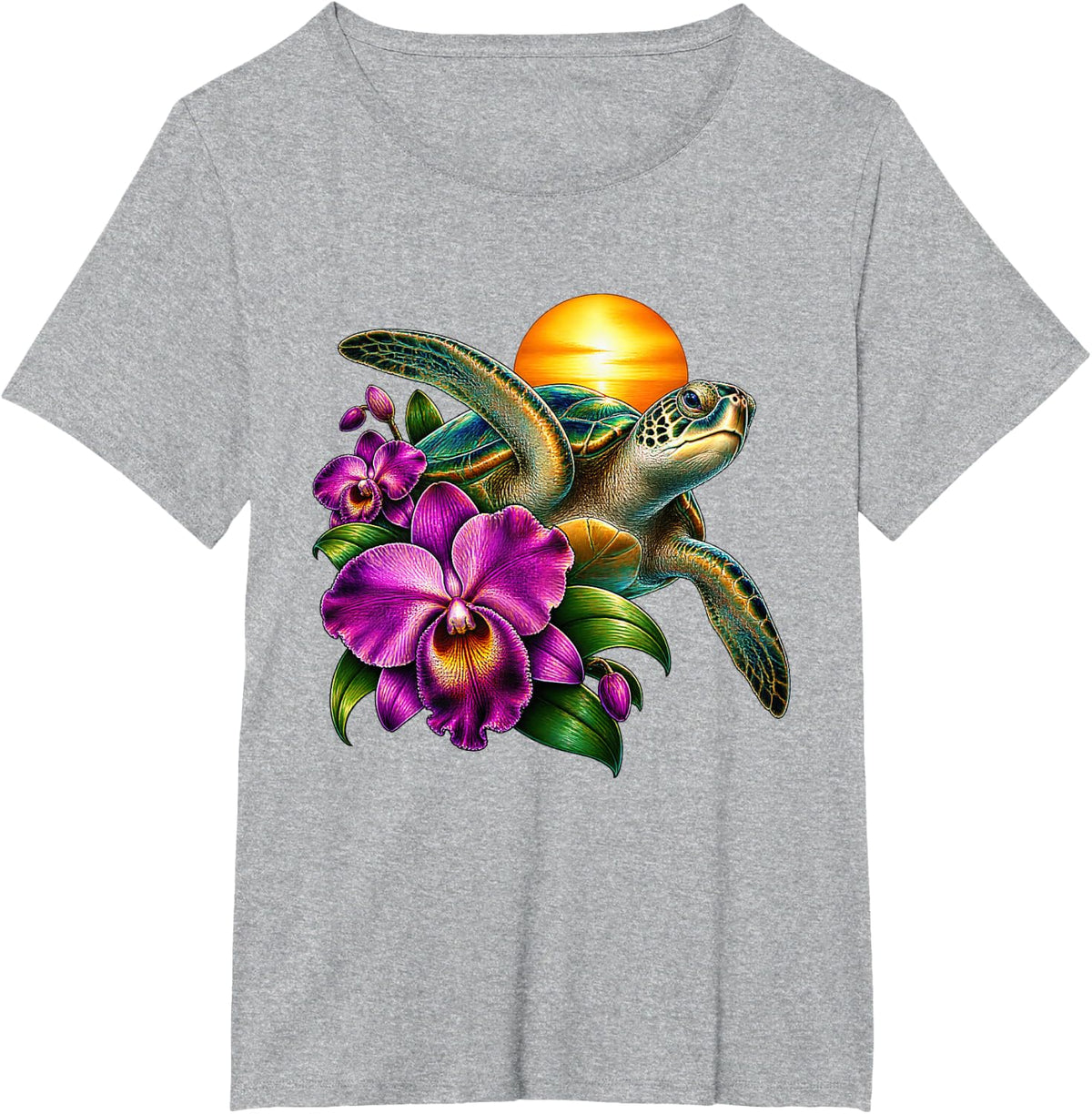 Green Sea Turtle with Purple Orchid Flowers T-Shirt - Heather Grey
