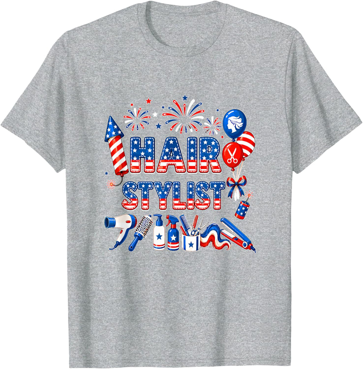Hair Stylist 4th of July US Flag Fireworks Patriotic Team T-Shirt - Heather Grey