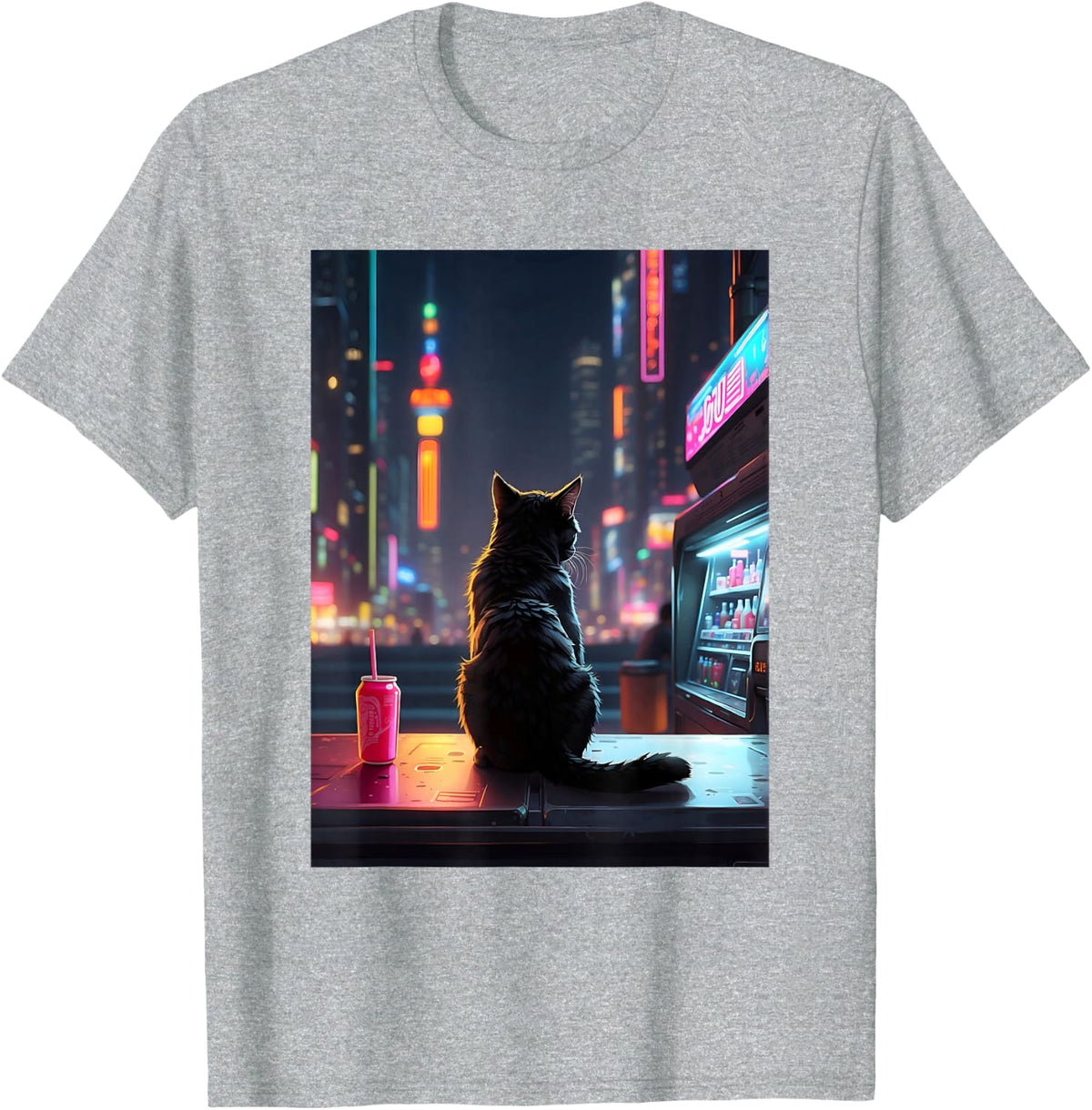 Cyberpunk Manga Art Gaming Neko Japanese Black Anime Cat T-Shirt - Heather Grey