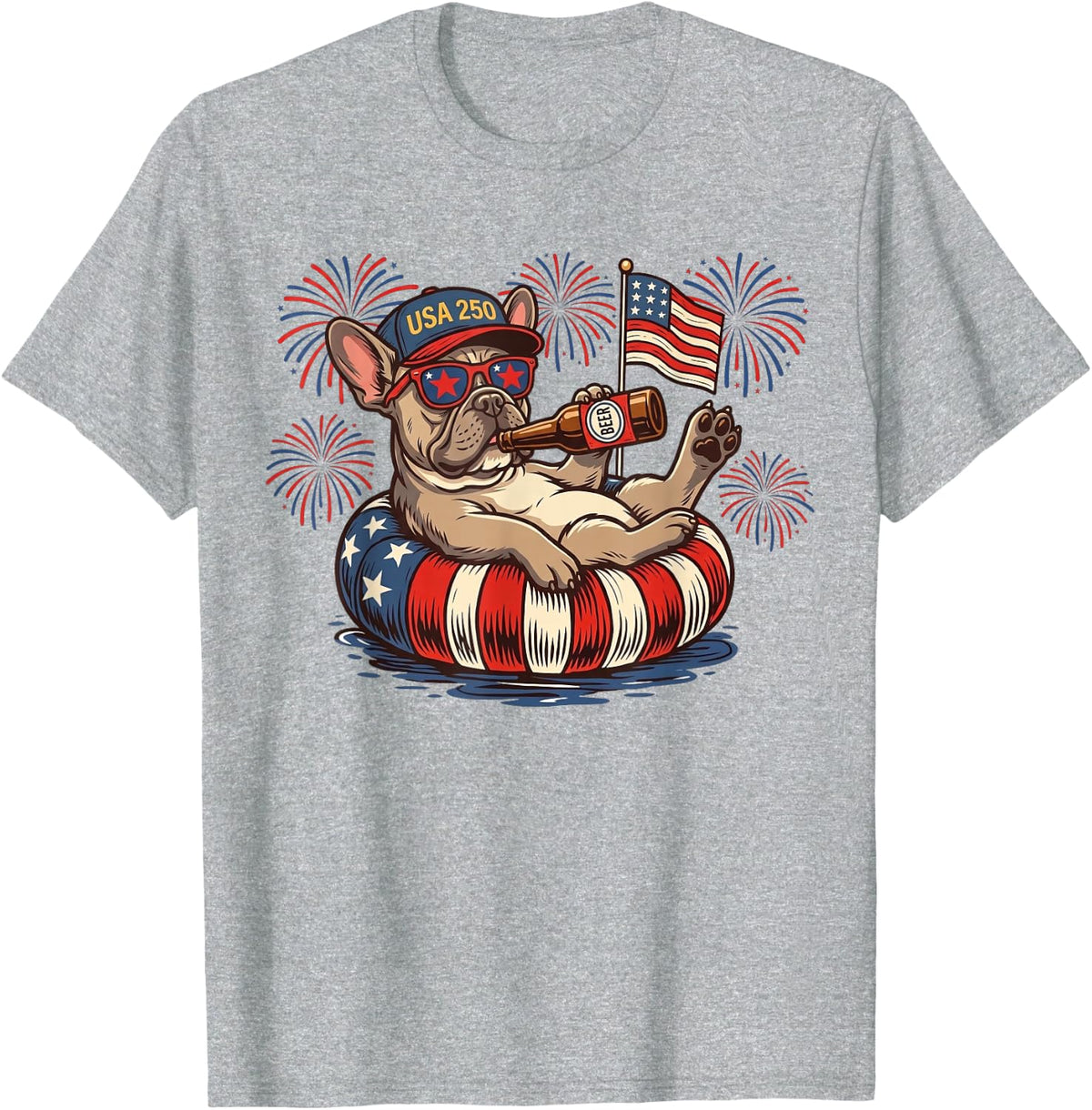 French Bulldog Dog 250th America Patriotic USA 4th of July T-Shirt - Heather Grey