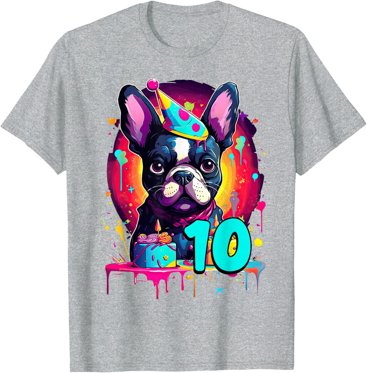 French Bulldog Dog 10th Birthday Themed Party 10 Years Old T-Shirt - Heather Grey
