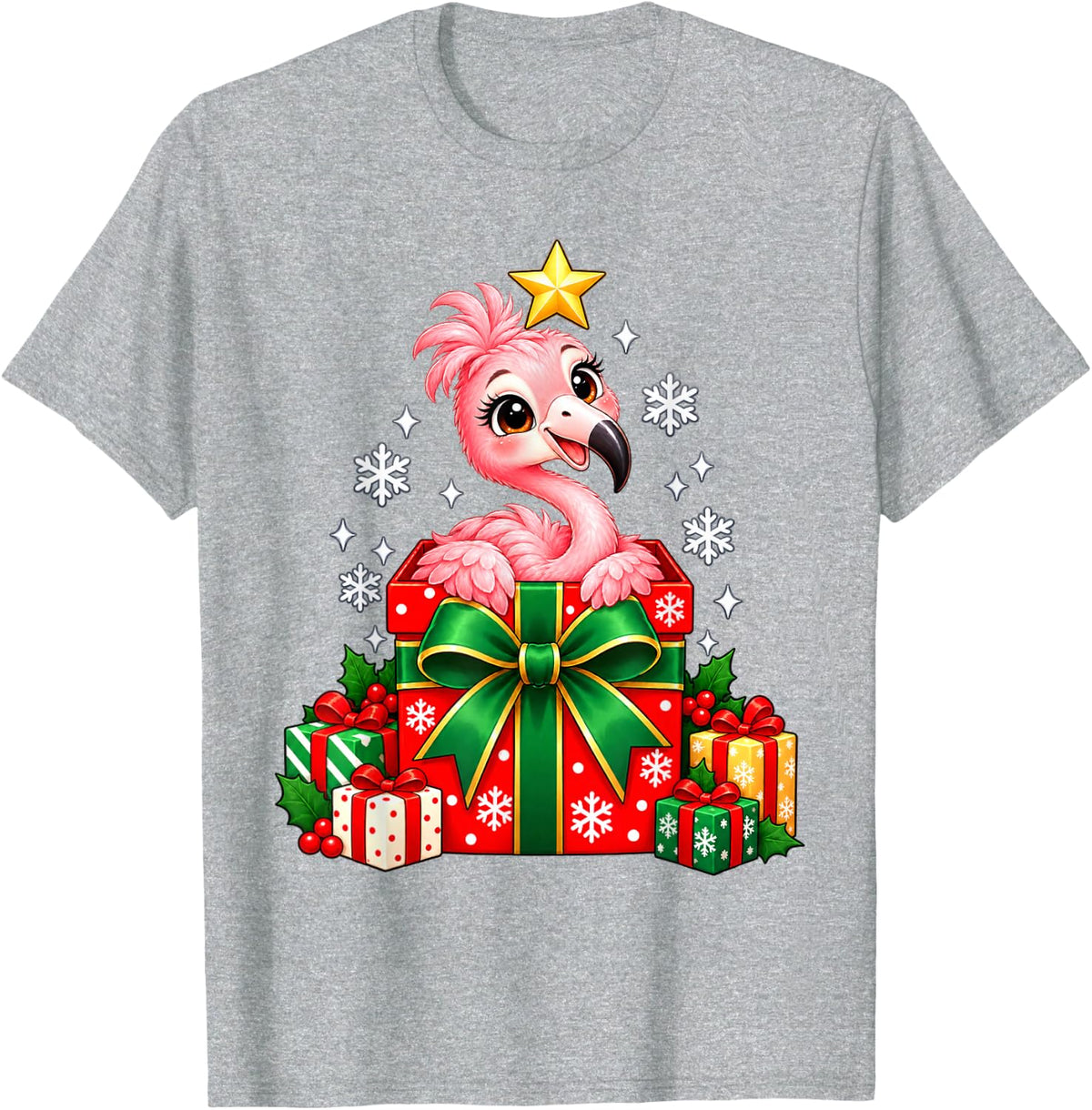 Happy Flamingo Christmas Box Holiday Graphic T-Shirt - Heather Grey