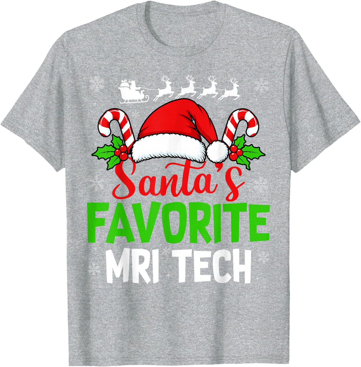 Santa's Favorite MRI Tech Christmas Sleigh Candy Canes T-Shirt - Heather Grey