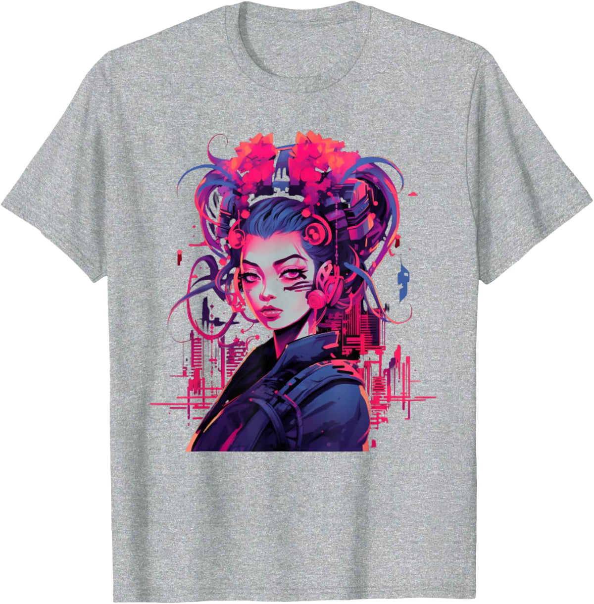 Cyberpunk Woman Futuristic Headphones Illustration T-Shirt - Heather Grey
