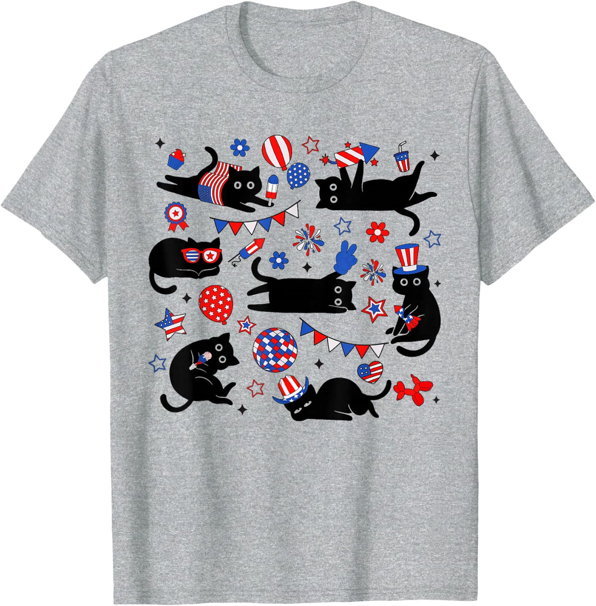 Cute Black Cat USA Flag Firework Patriotic 4th of July T-Shirt - Heather Grey