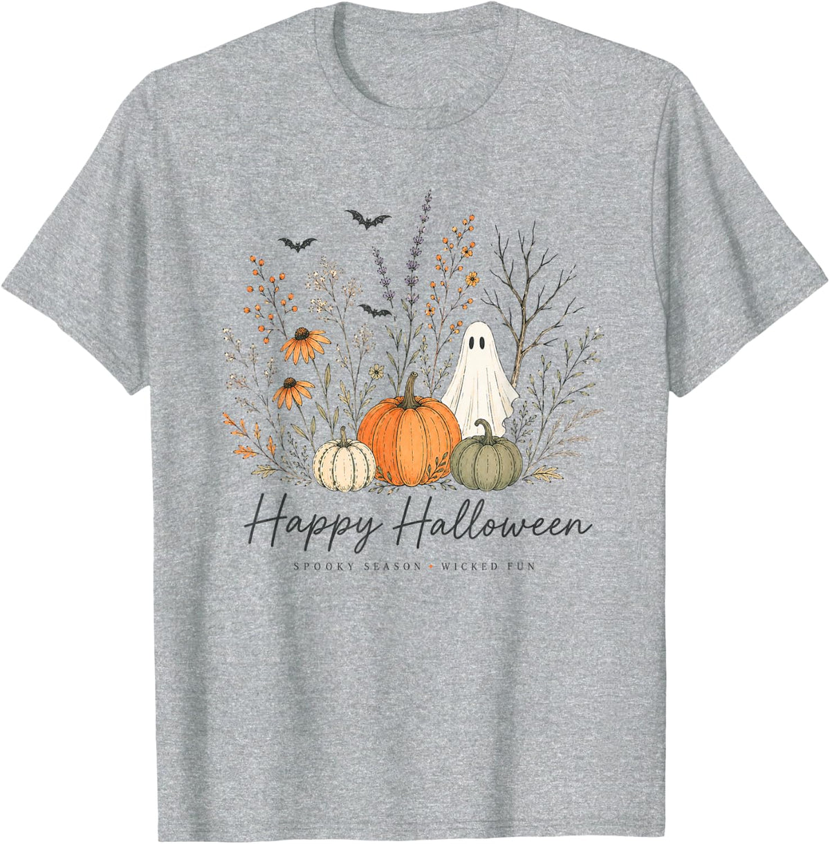 Pumpkins Ghost Spooky Season Floral Happy Halloween Women T-Shirt - Heather Grey