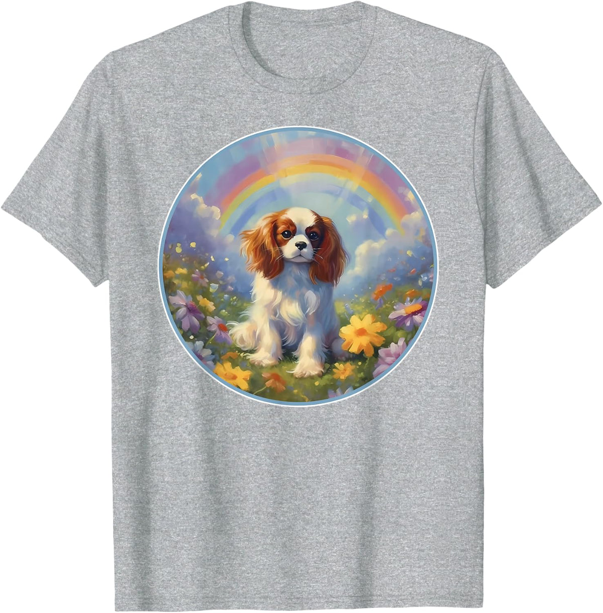 Cavalier King Charles Rainbow Bridge Colorful Memorial T-Shirt - Heather Grey