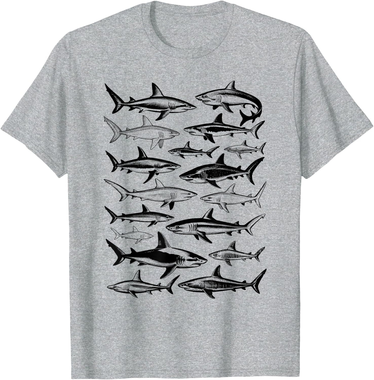 Sharks 90s Vintage Style Collection Retro Drawings Ocean T-Shirt - Heather Grey