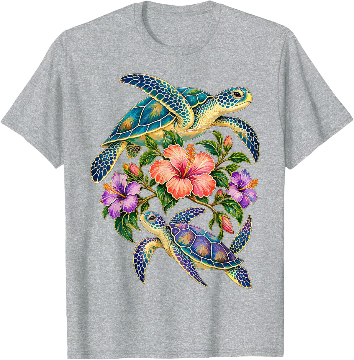Sea Turtles in a Hibiscus Wreath T-Shirt - Heather Grey
