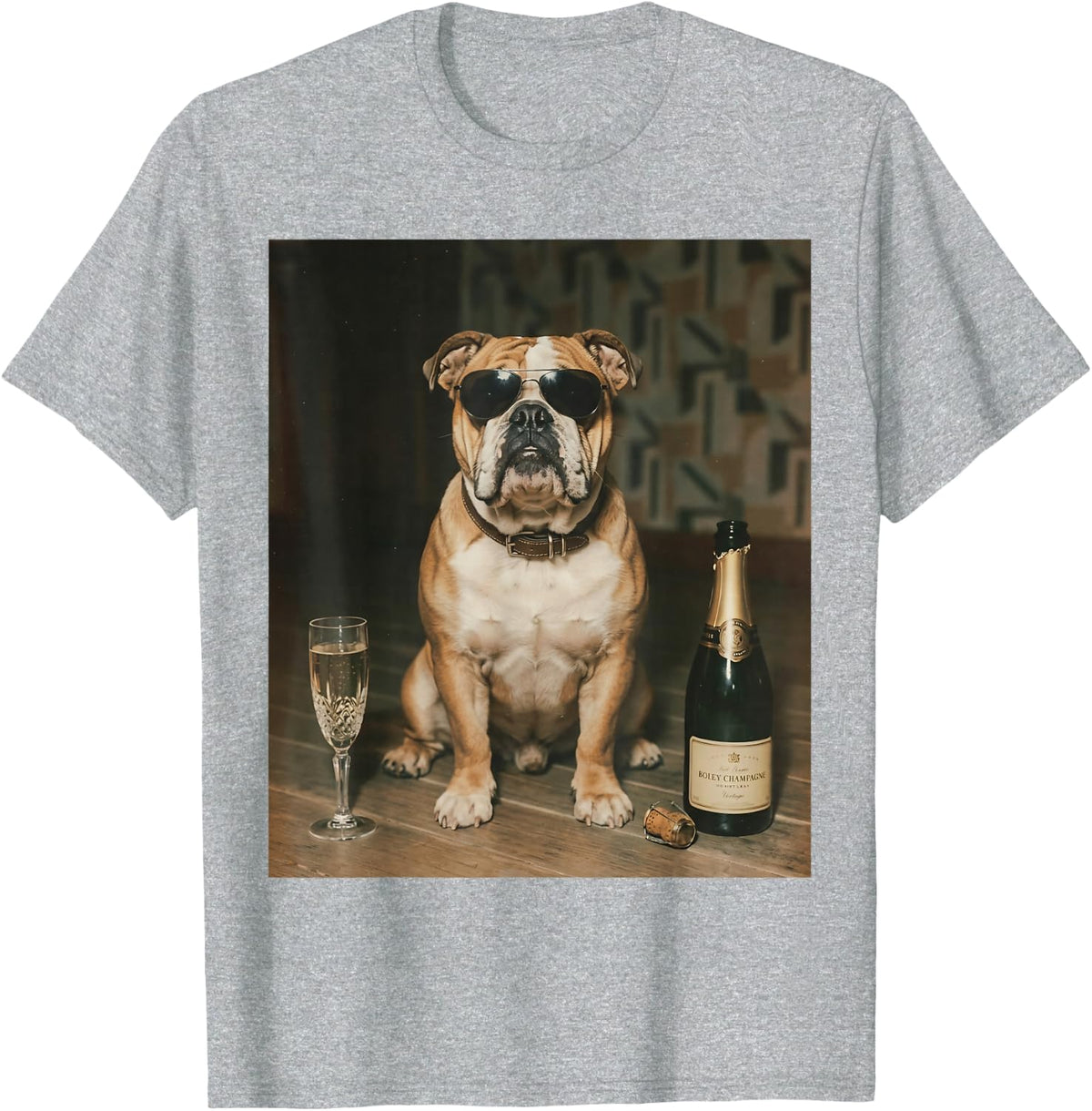 English Bulldog Drinking Champagne Funny Father’s Day T-Shirt - Heather Grey