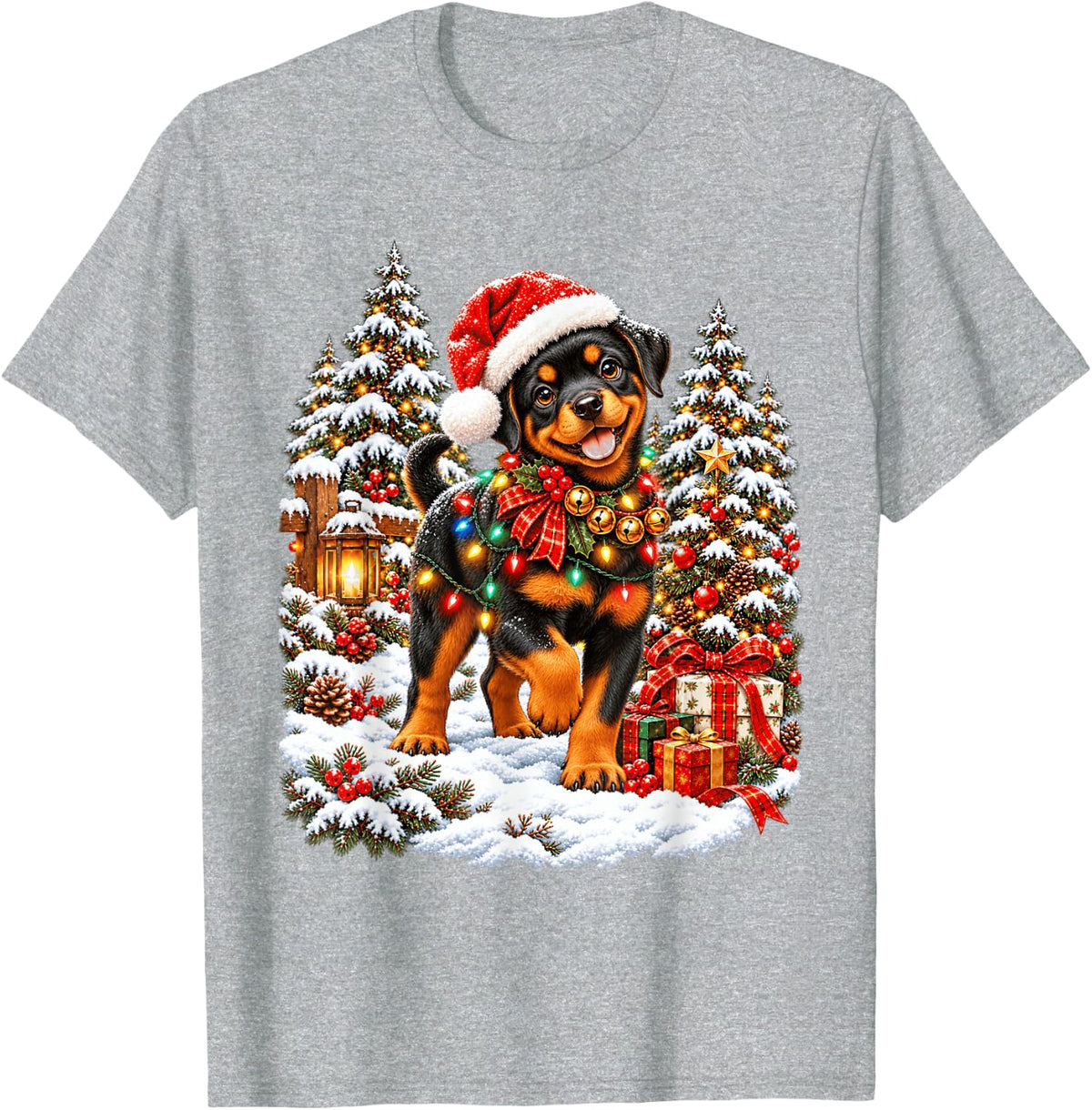 Joyful Rottweiler Holiday Santa Snow Scene T-Shirt - Heather Grey