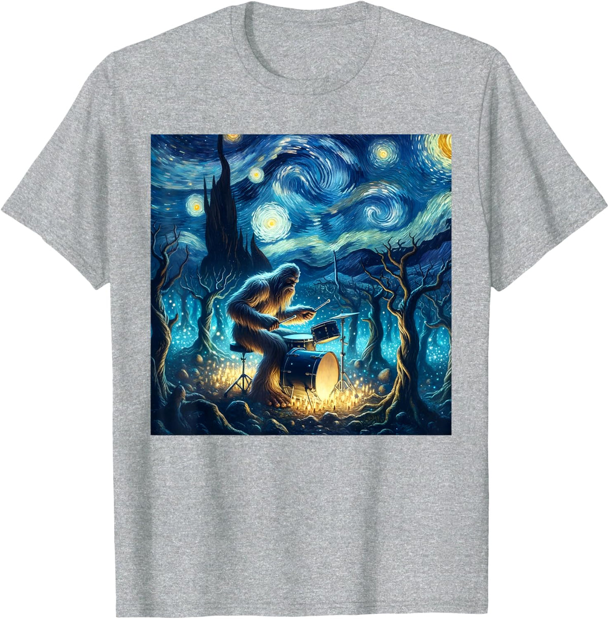 Bigfoot Playing Drums Starry Night Van Gogh Drummer Boys Men T-Shirt - Heather Grey
