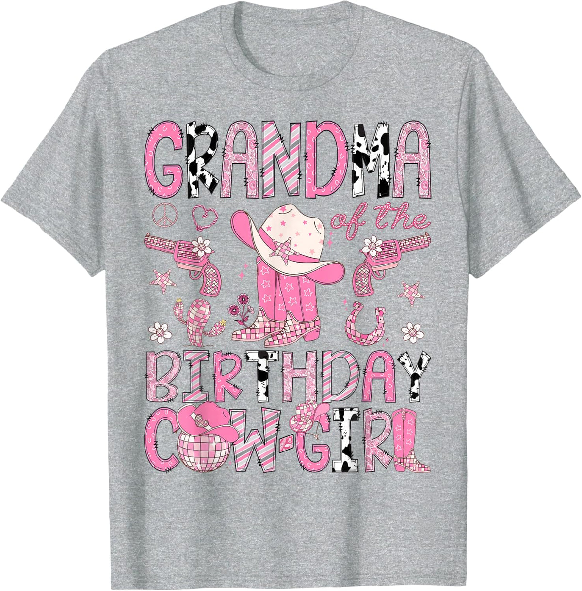 Grandma Of The Birthday CowGirl Pink Rodeo Western T-Shirt - Heather Grey