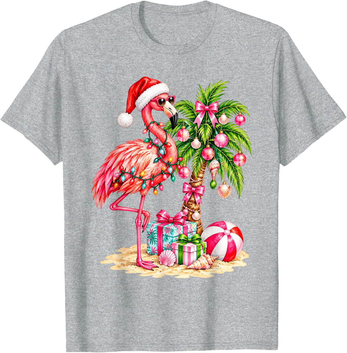 Pink Flamingo Tropical Christmas Beach Santa Hat Palm Tree T-Shirt - Heather Grey