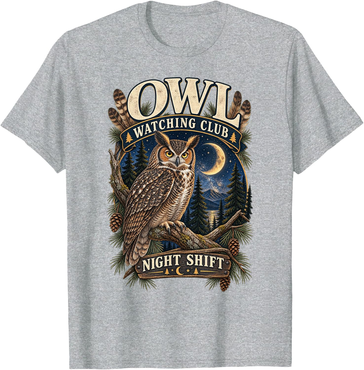 Owl Watching Club Night Shift Owl Lover T-Shirt - Heather Grey