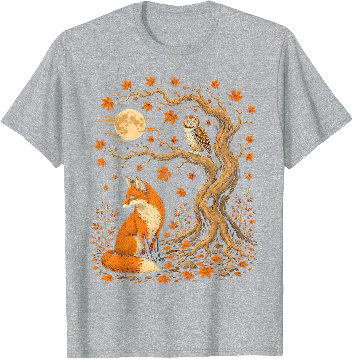 Autumn Fox and Owl Forest Nature Woodland Animal Fall Season T-Shirt - Heather Grey
