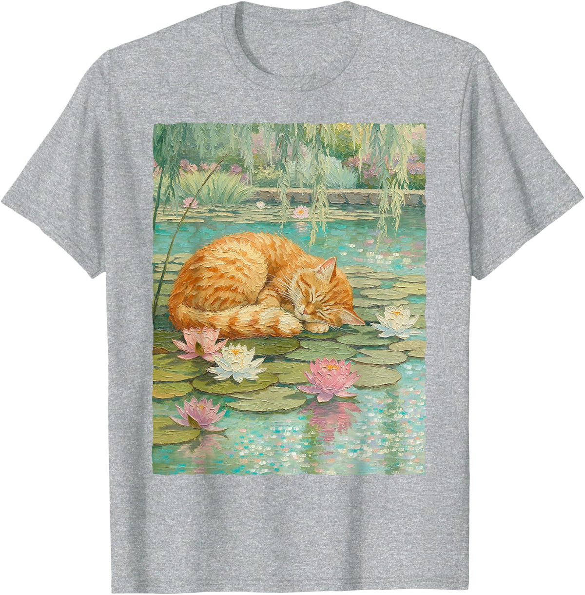Sleeping Orange Tabby Cat Water Lily Pad Pond Oil Painting T-Shirt - Heather Grey