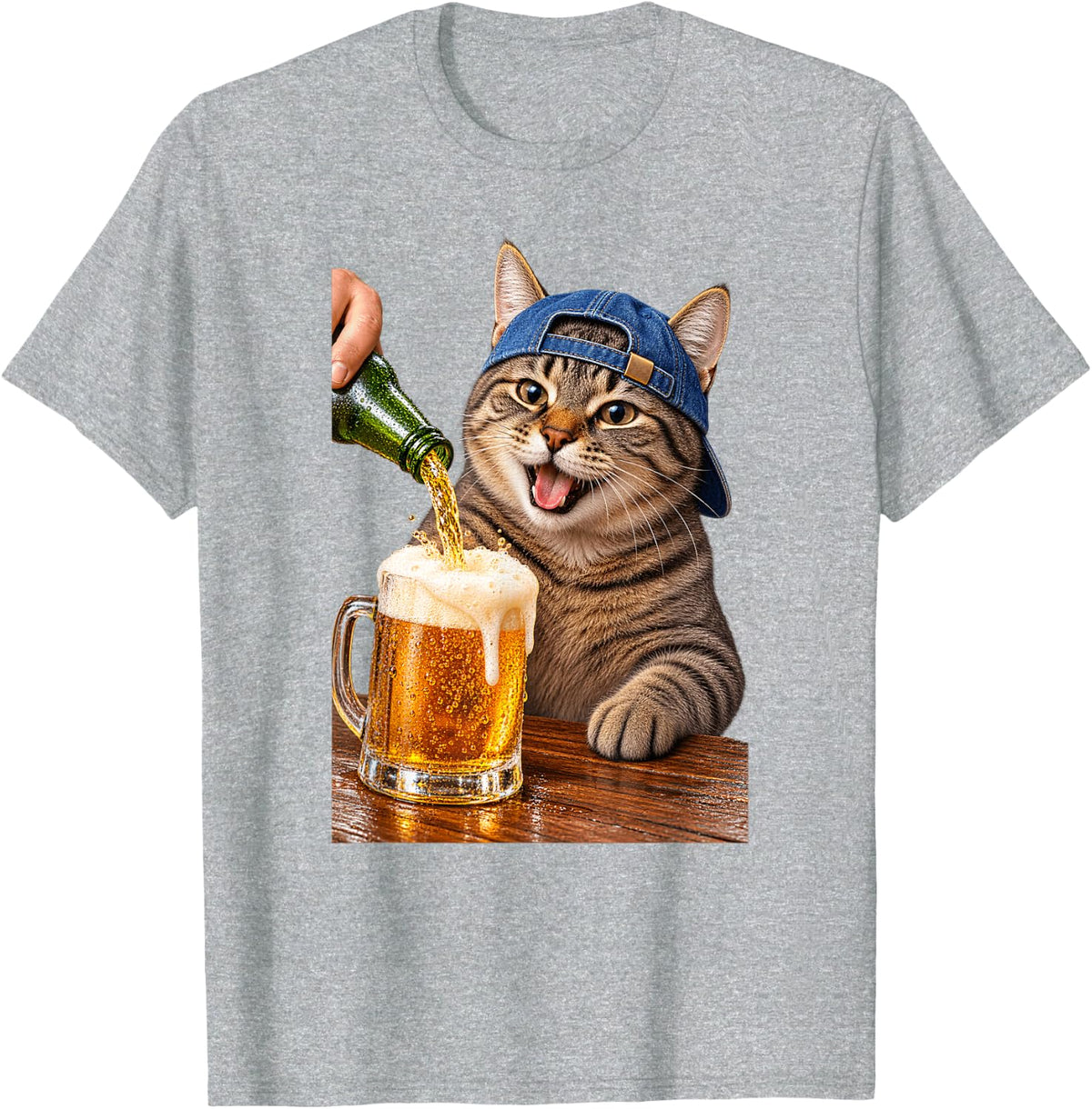 Funny Tabby Cat Pouring Beer in Baseball Cap T-Shirt - Heather Grey