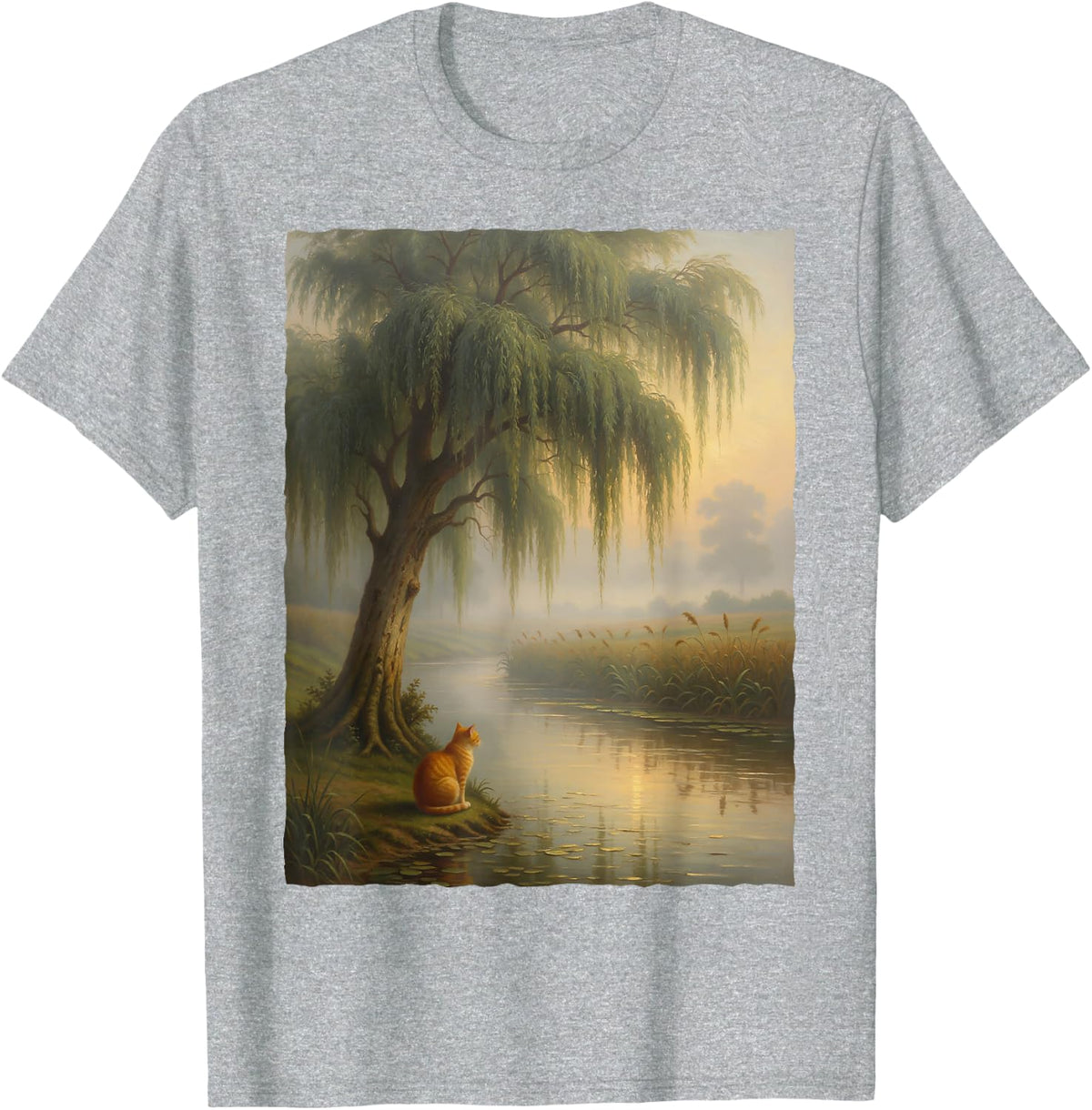 Orange Tabby Cat Weeping Willow Tree River Oil Painting T-Shirt - Heather Grey