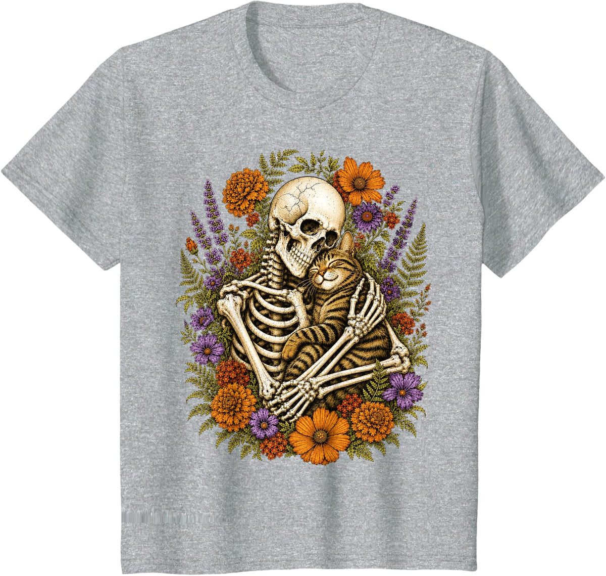 Halloween Skeleton Cuddling Cute Cat Floral Gothic T-Shirt - Heather Grey